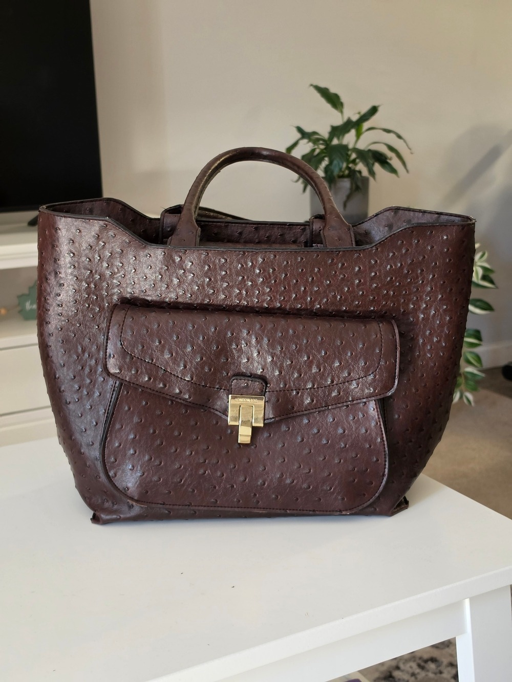 London Fog Chocolate Ostrich-Textured Leather Satchel with Gold-Tone Hardware